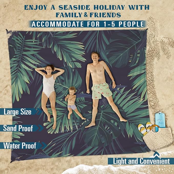 Beach Blanket Sandproof Waterproof 78''×81''1-5 Adults Oversized,Compact Lightweight Durable Beach Mat for Travel Camping Hiking Picnic Blanket