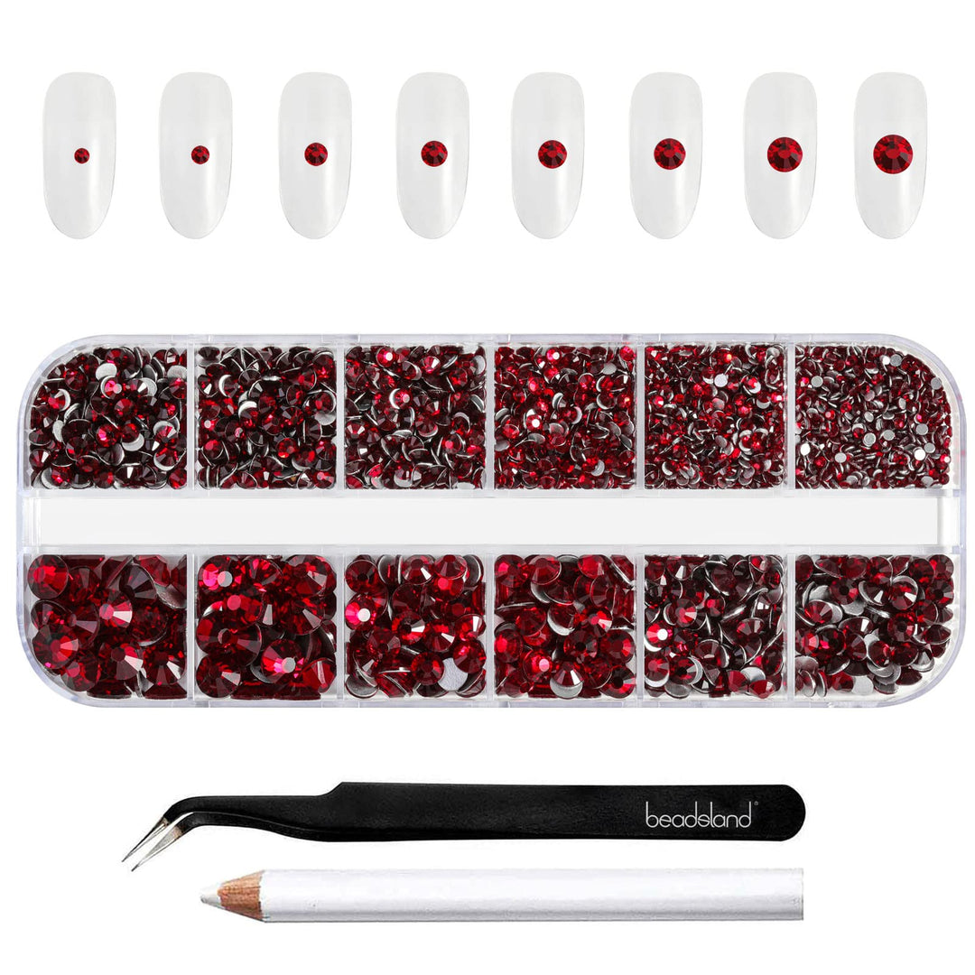 Beadsland Rhinestones For Makeup,8 Sizes 2500Pcs Dark Red Flatback Rhinestones Face Gems For Nails Crafts With Tweezers And Wax