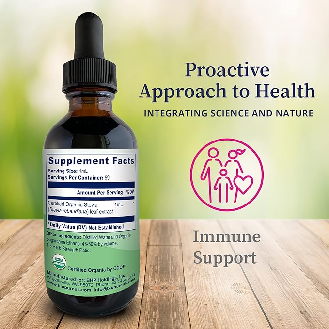 BioPure Stevia Certified Organic Extract – Whole Leaf Herbal Tincture with Bioactive Compounds to Support Immune Function, Microbiome Balance & Gut Health – 2 fl oz