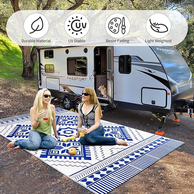 Waterproof Outdoor Rug 5x8ft, Boho Reversible Plastic Straw Mat for Patio RV Deck Porch Backyard Balcony Camping Picnic Beach Indoor Outdoor Carpet, Blue&White