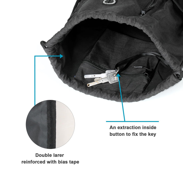 BeeGreen Mix Black Drawstring-Backpack-Gym-Bag, Large Sports Bag For Women W Water Bottle Pocket &Front Zippered Pocket, String Sackpack For Traveling Yoga Beach Outdoor