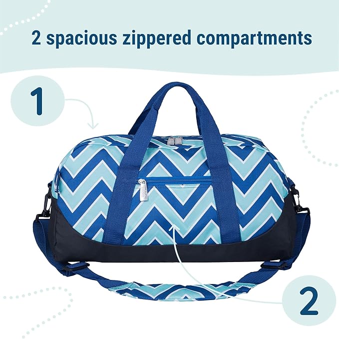 Wildkin Kids Overnighter Duffel Bag – Carry-On Size, Ideal for School & Sleepovers – Chevron Blue