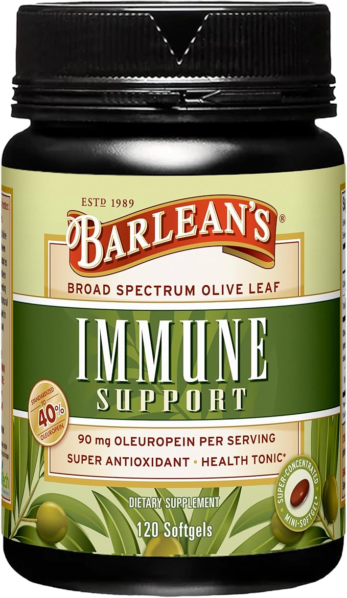 Barlean's Olive Leaf Complex Softgels Immune Support Supplement with 90 mg Oleuropein Antioxidants, Concentrated Heart Health and Immunity Booster Pills, 120 Count