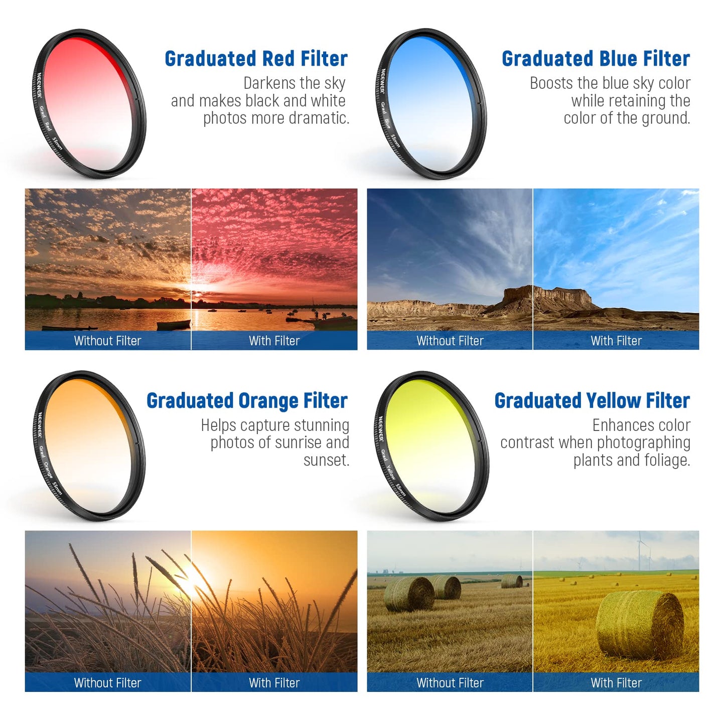 NEEWER 55mm ND/CPL/Effect Filter Set with Camera Lens Clamp Clip, Polarizing ND32 6 Point Star 4 Graduated Colour Filters Set Compatible with 16 15 14 Pro Max Plus 13 12 Samsung