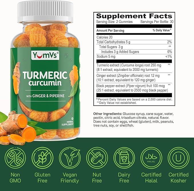YumV's Turmeric Gummies with Ginger and Piperine - Peach Flavored Gluten Free Vegetarian Turmeric Ginger Supplement with Black Pepper