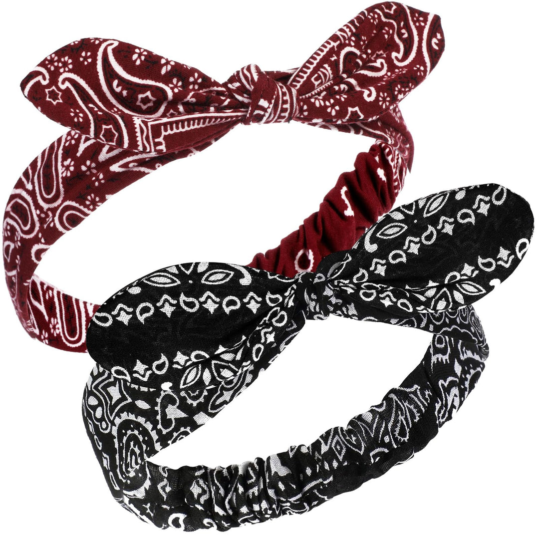 2 Pieces Bandana Headband For Women, Knot Retro Print Headbands Paisley Print Headband Headwrap Adjustable Headwrap(Black, Deep