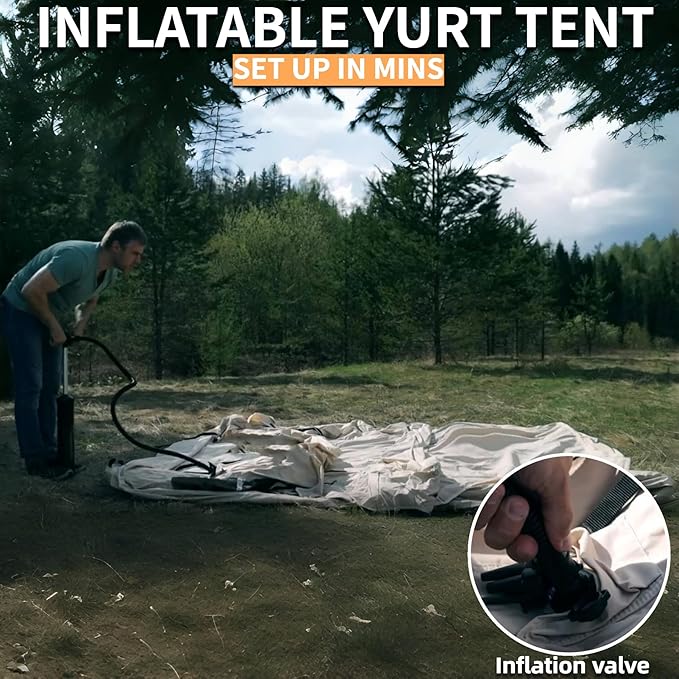 DANCHEL OUTDOOR B2I Waterproof Inflatable Camping Tent with Stove Jack for 1-3 Person, No Center Pole Portable Blow up Galmping Yurt with Pump, 300D Oxford Polyester Bell Tent Hiking, 29lbs, 3m