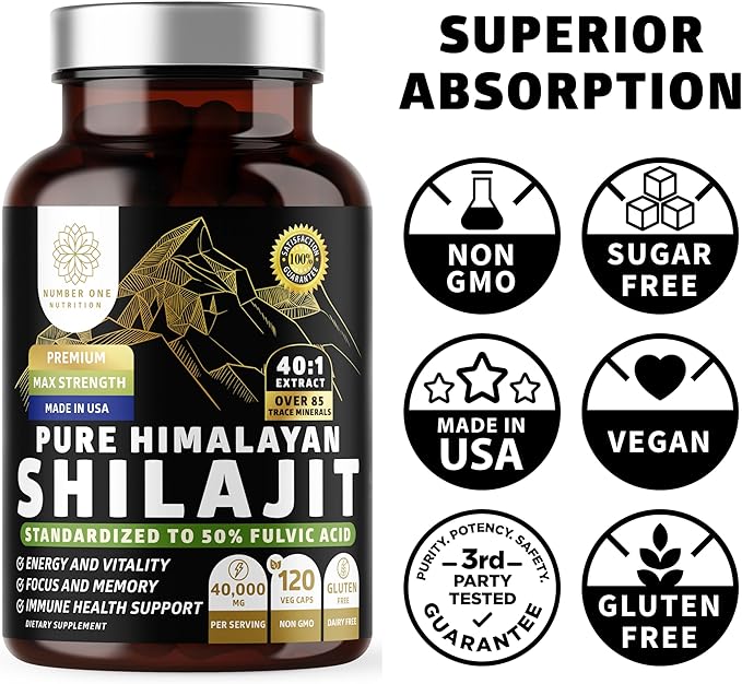 Pure Himalayan Shilajit Supplement for Men and Women, [40,000MG, Max Strength] Contains 50% Fulvic Acid with Over 85 Trace Minerals to Support Energy, Brain and Immunity, 120 Veg Caps