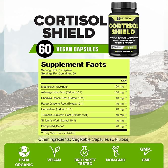 8in1 Cortisol Shield - Ashwagandha and Magnesium, Rhodiola Rosea, Lions Mane, Gingsen, and 3 More - Relaxation & Restful Night Support & Mood Balance - 60 Count