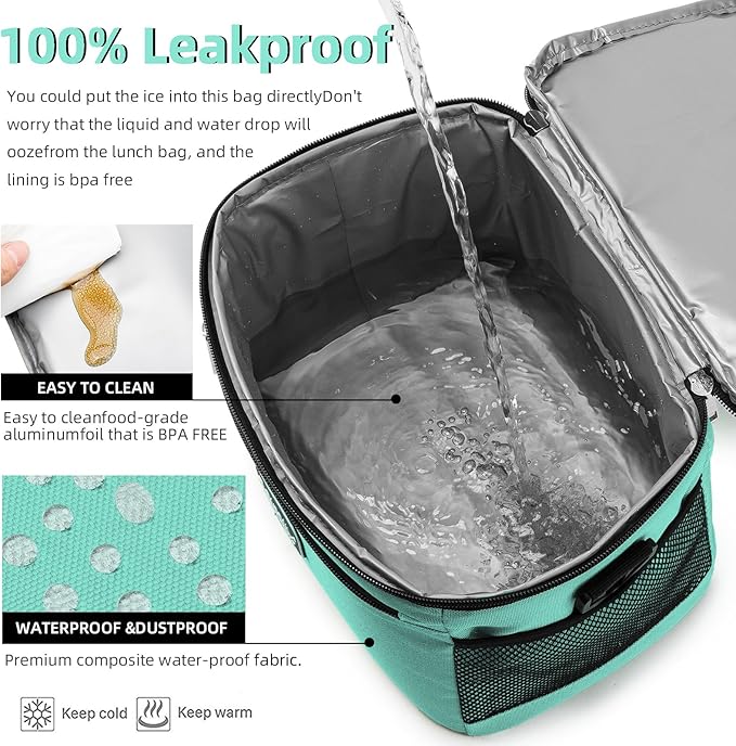 BEIMILY Lunch Box for Men/Women,Small Insulated Lunch Bag,Reusable LunchBox for work Picnic Beach,Leakproof Soft Cooler Tote Bag Organizer with Adjustable Shoulder Strap for Adults(Light Blue Green)