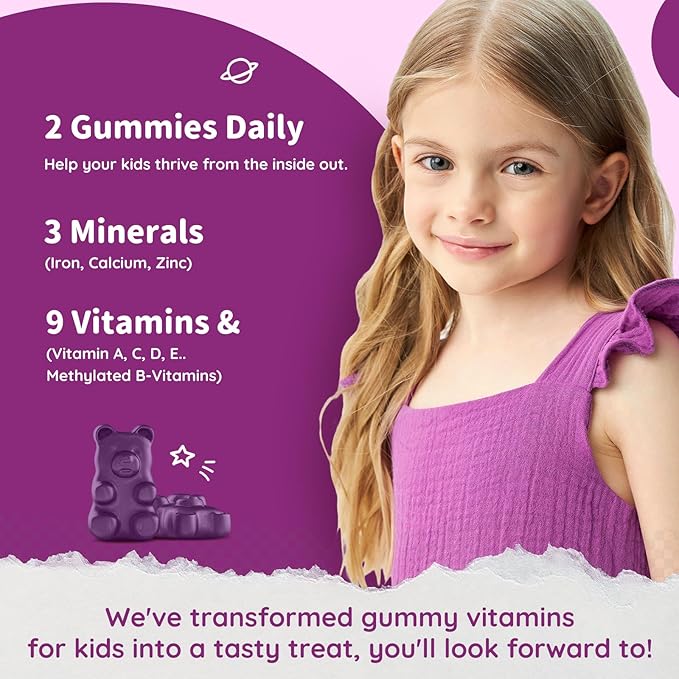 Iron Supplement Gummies for Kids - with Calcium, Zinc, Kids Multivitamin with Iron Gummies - Immune Support, Blood Builder & Energy Support for Iron Deficiency, Anemia, Vegan - 60 Gummies Grape Flavor
