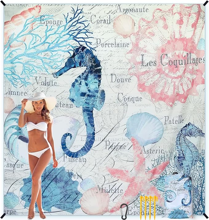 Beach Blanket, Sandproof Beach Mat, Waterproof Quick Drying Lightweight Outdoor Aztec Picnic Mat 79" X 83" for 2-4 Adults with Pocket for Travel, Camping, Hiking