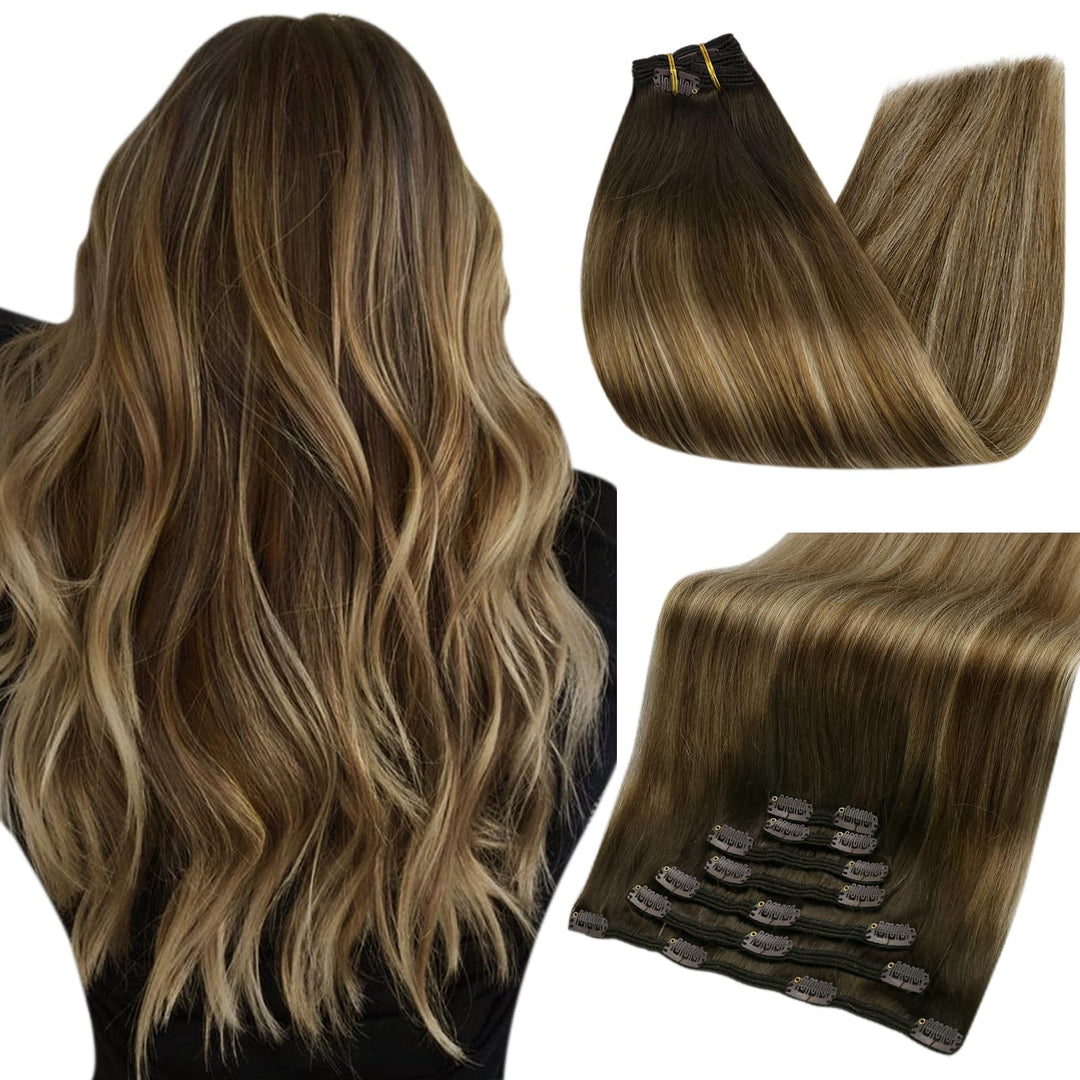 Full Shine Real Human Hair Extensions Clip ins Brown Balayage Clip in Hair Extensions Dark Brown Balayage Caramel Blonde Straight Hair Extension 12 Inch 7 Pcs 95 G