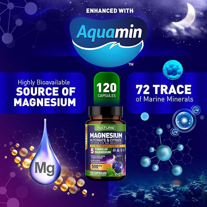 Magnesium Complex 500mg - 5 Forms of Magnesium Glycinate, Citrate, Malate, Oxide & Aquamin with 72 Trace Minerals - Chelated for Absorption - Supplement for Muscle, Nerve, Heart & Sleep (120 Capsules)