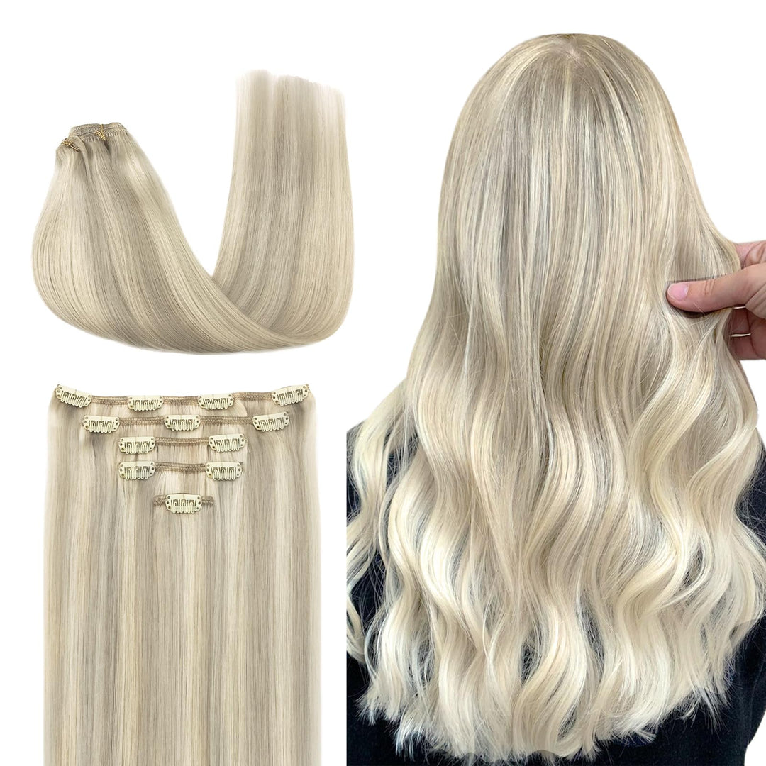 Doores Human Hair Clip In Extensions, 5Pcs 85G Ash Blonde Highlighted Platinum Blonde 22 Inch, Real Hair Extensions Clip In Huma