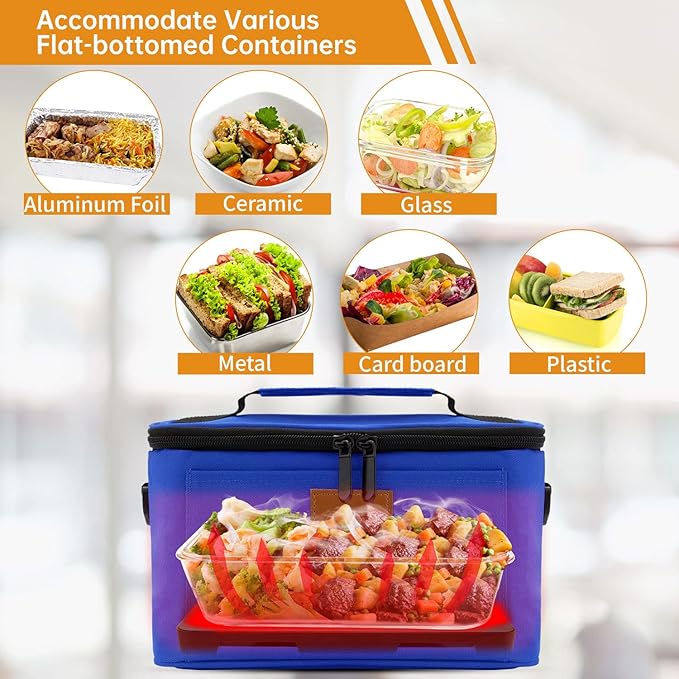 Aotto Portable Oven, Electric Lunch Box Food Heater - 12V/24V/110V 3-in-1 Car Food Warmer - Heated Lunch Box for Adults - Cook, Reheat & Keep Meals Warm for Car, Truck, Travel, Work, Home - Blue