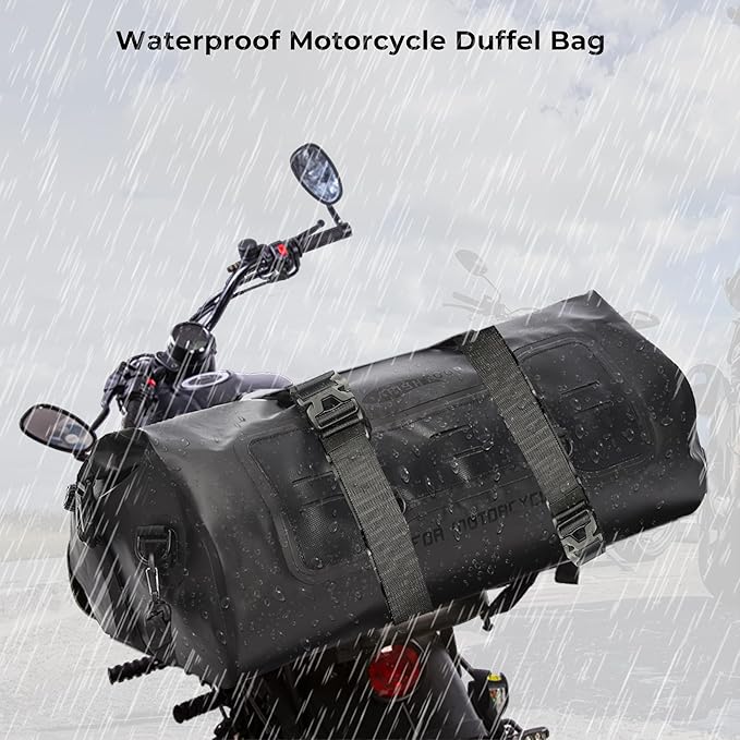 40L Waterproof Motorcycle Duffel Bag - Motorcycle Luggage Tail Bag with Straps for Back Seat - Roll Top Dry Bag for Kayaking, Rafting, Boating, Camping, Travel, Beach (Black)