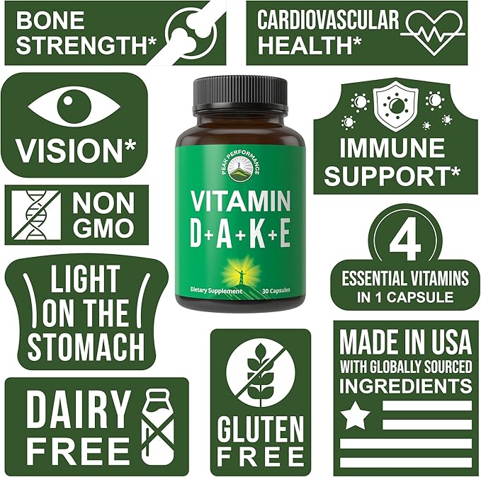 DAKE Vitamin Supplement. Vitamin D 5,000 iu + Vitamin A + Vitamin K + Vitamin E In 1 Vegan Capsule. ADK Vitamin Supplement With E. D3 K2. Essential Vitamins For Mood, Immune, Bone, Vision, Heart