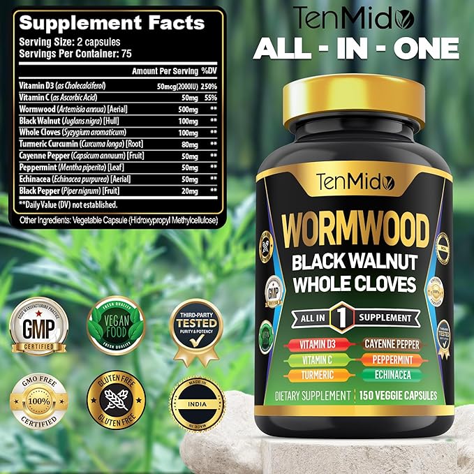 Wormwood Capsules Supplement for Men and Women, 10in1 Formula with Black Walnut, Whole Cloves, Turmeric, Cayenne Pepper & More - Digestive, Immune Support - Nutrient Rich - 150 Capsules