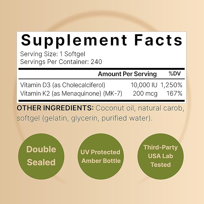 NatureBell Vitamin D3 K2 (10,000 IU Vitamin D + 200mcg Vitamin K MK-7) 240 Softgels with Coconut Oil for Complete Absorption | Bone, Heart, Immune, & Calcium Support | One a Day, Non-GMO