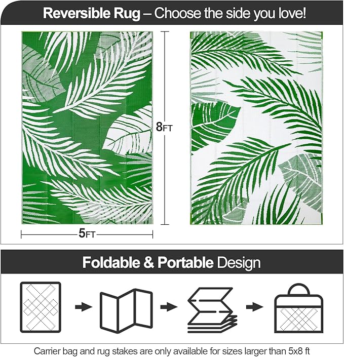 Waterproof Outdoor Rug 5x8ft, Green Leaf Reversible Plastic Straw Mat for Patio RV Deck Porch Backyard Balcony Camping Picnic Beach Indoor Outdoor Carpet, Green&White
