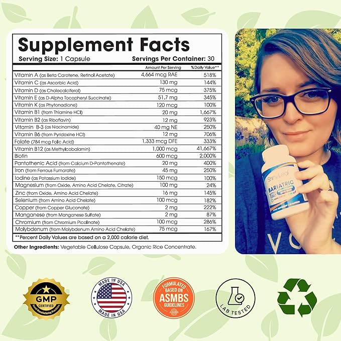Shiny Leaf Bariatric Multivitamin with Iron - 45 mg for Gastric Bypass, Sleeve Gastrectomy, Roux-en-Y, Duodenal Switch - 22 Vitamins & Minerals, ASMBS Compliant, Vegetarian, Made in USA, GMP, 180 Ct.