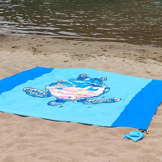 Beach Blanket Waterproof Sandproof 79"x 83" for 1-4 Adults,Quick Drying Beach Mat,Lightweight & Durable,Beach Essentials for Family Beach Camping Travel Picnic(Blue Turtle)