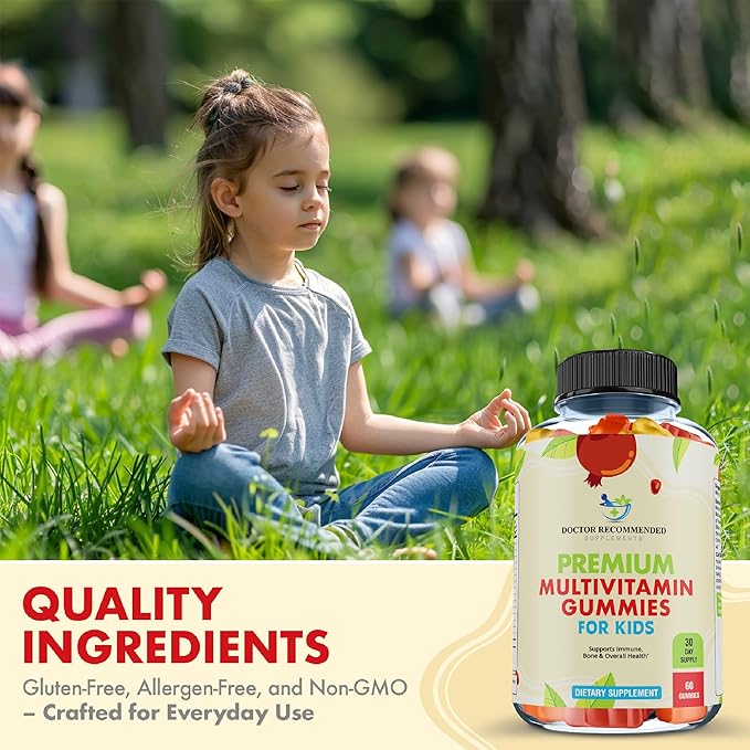Premium Multivitamin Gummies for Toddlers & Kids - Chewable Essential Daily Vitamins A, C, D3, E, B6, B12, Biotin - No High-Fructose-Corn-Syrup or Artificial Sweeteners - 60 Gummies, 30-Day Supply