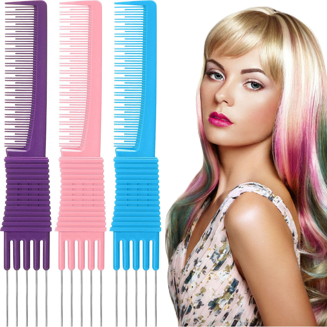 Leinuosen 3 Pack Carbon Lift Teasing Combs with Metal Prong, Hair Pick Comb for Women Hair Styling(Blue, Pink, Purple)