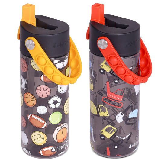 Elemental Leak Proof Water Bottles for Kids - Splash Kids Water Bottle for School with Fun Fidget Pop-it Handle - Tritan Plastic Water Bottle with Straw - Sports Ball & Construction - 18oz (2 Pack)