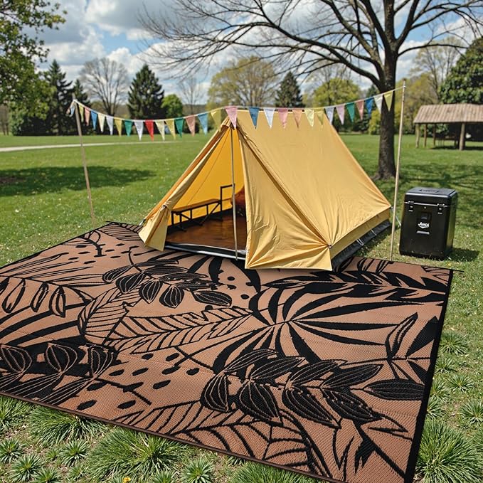 Anidaroel 8x10 Leaf Outdoor Rug for Patios Clearance, Waterproof Camping Rug for Outside RV, Reversible Plastic Straw Outside Area Rugs for Garden, Camper, Picnic, Beach(Black/Brown,8'x10')