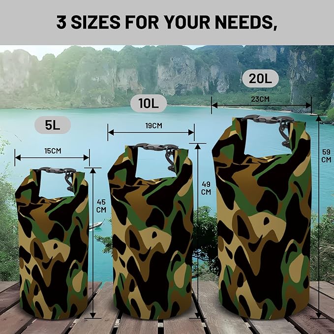 Waterproof Dry Bag,Roll Top Grey Camouflage Waterproof Backpack 5L/10L/20L Floating and Lightweight Bags for Kayaking, Boating, Fishing, Swimming and Camping with Waterproof Phone Case