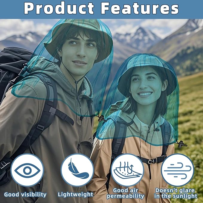 2 Pack Ultra Large Mosquito Net 42x25 Inches Mosquito Head Net Oversized Insect Netting Bug Fits Most Hats for Gardening Hiking Fishing Traveling(Blue)