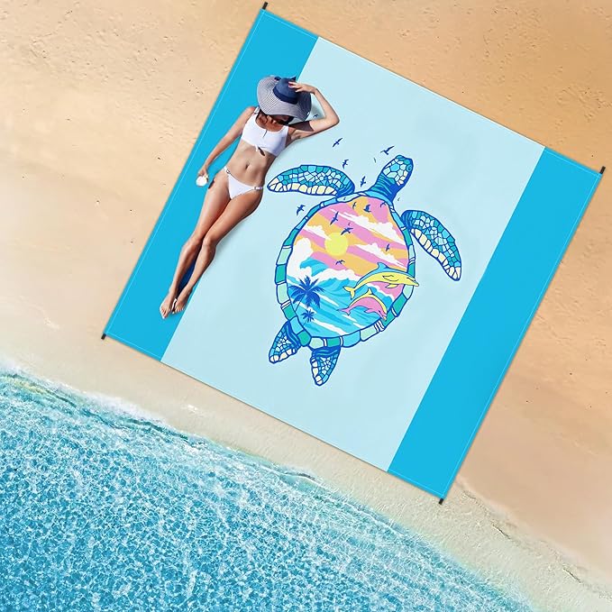 Beach Blanket Waterproof Sandproof 79"x 83" for 1-4 Adults,Quick Drying Beach Mat,Lightweight & Durable,Beach Essentials for Family Beach Camping Travel Picnic(Blue Turtle)