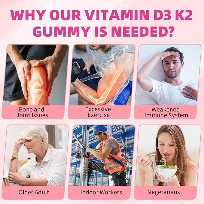Pack of 2 Vitamin D3 K2 Gummies, D3 Vitamin 5,000 IU + K2 200mcg - Vegan K2 D3 Vitamin Supplement, Highly Absorbent Supports Bone, Muscle, Immune, Raspberry, 120 Count