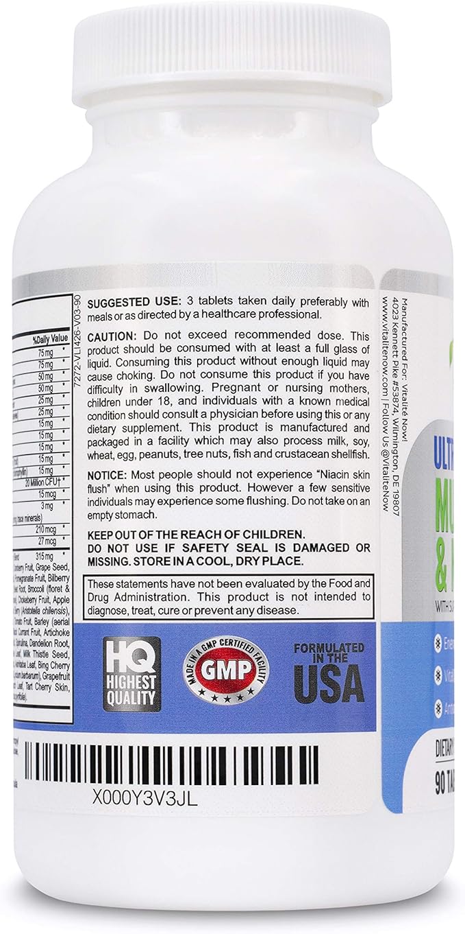 Vegan Whole Food Multivitamin & Mineral - Vitamins A B1 B2 B6 B12 C D3 E & 110 Super Foods, Herbs, Greens & Reds - Enzymes & Probiotics for Immune Support - Energy Boost - 90 Tablets
