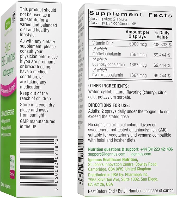 Igennus Super Vitamin B12 Complex 5000mcg, 45 Servings, Sublingual Spray, Methylated Methylcobalamin, Adenosylcobalamin & Hydroxocobalamin, High Strength & Clean, Natural Cherry Flavor Liquid, Vegan