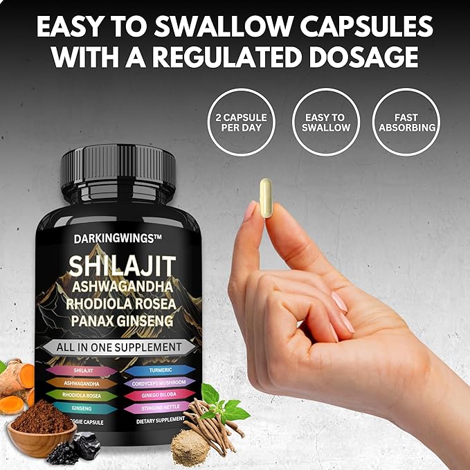 8-in-1 Shilajit 9000 Panax Ginseng 1500MG Ashwagandha 2000MG Rhodiola Rosea 1000MG, Turmeric 500MG, Gingko Biloba 500mg, Stinging Nettle 250MG, Cordyceps Mushroom 500mg for Full Body Power