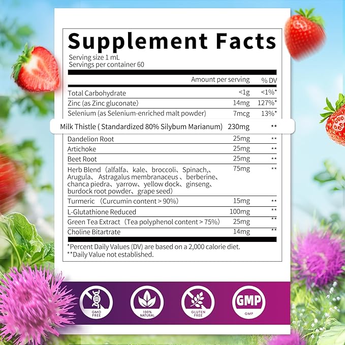 Milk Thistle Supplement, Liver Cleanse Liquid Drops Silymarin 230mg for Liver Repair, Antioxidant Support, Kidney Health Support with Dandelion Root, Turmeric, Glutathione - 2Fl Oz