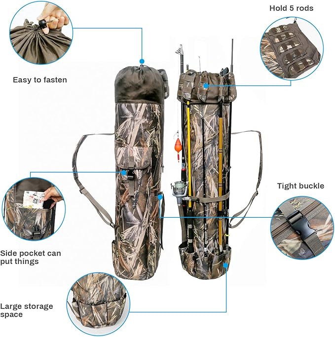 Allnice Durable Canvas Fishing Rod & Reel Organizer Bag Travel Carry Case Bag- Holds 5 Poles & Tackle