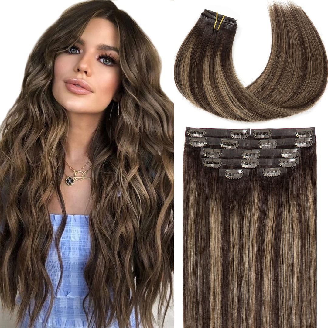 Loxxy Seamless Extensions Clip In Human Hair Ombre Dark Brown Fading To Chestnut Brown And Dark Brown Natural Remy Hair Extensio