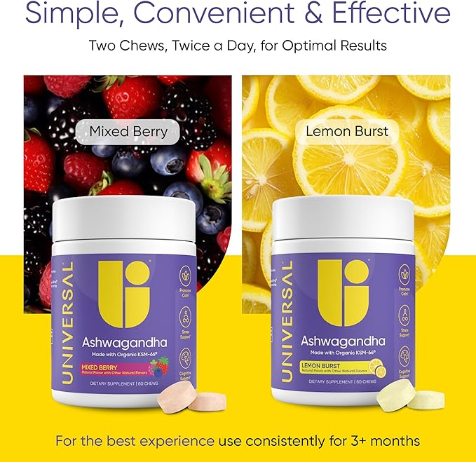 Ashwagandha KSM-66 Chews - Daily Stress, Cognitive Function and Mood Support Chewable Supplement, Bioavailable Full Spectrum KSM66 Ashwagandha Root Extract, Calm & Relaxation – Mixed Berry, 60 Count