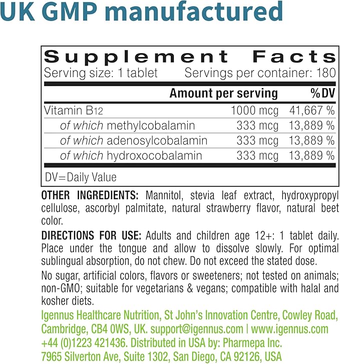 Igennus Super Vitamin B12 Complex 1000mcg Sublingual - Methylated & Clean, Adenosylcobalamin, Methylcobalamin & Hydroxocobalamin, High Absorption, 180 Servings, Sugar-Free & Vegan