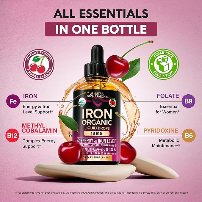 Liquid Iron Supplement for Women 18 mg - USDA Organic Iron Drops - with Folate, Vitamin B12 & B6 - Iron Level & Energy - Gentle & High Absorption Glycinate Form - Cherry Flavor, Sugar-Free - 4 fl oz
