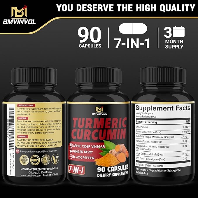 Turmeric Curcumin - 95% Curcuminoids & Apple Cider Vinegar, Ginger Root and Black Pepper for Advanced Absorption - Supports Immune System - 90 Capsules [3-Month Supply]