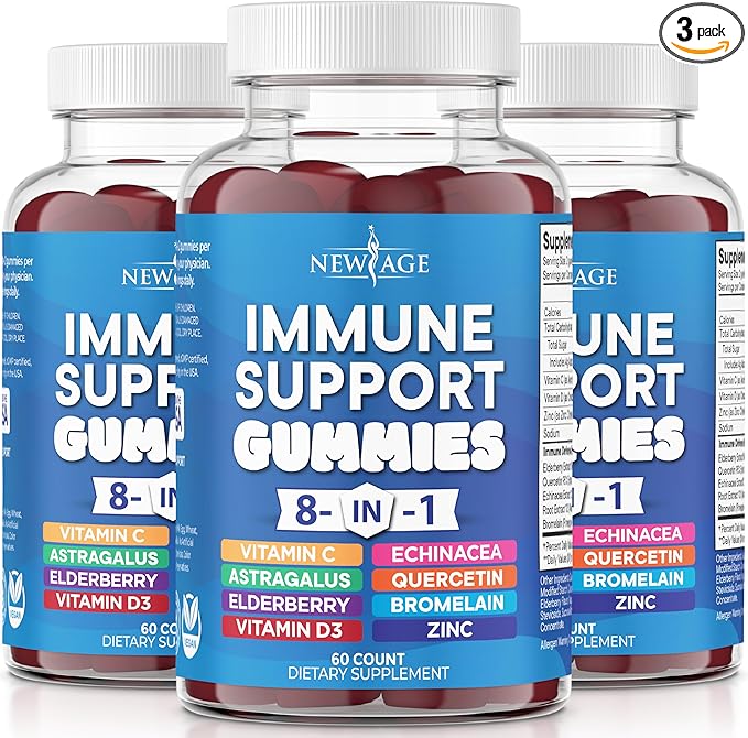 NEW AGE 8 in 1 Immune Support Booster Supplement with Astragalus Root, Vitamin C and Zinc 50mg, Vitamin D 5000 IU, Quercetin & Bromelain (8 in 1 Gummies (Pack of 3))
