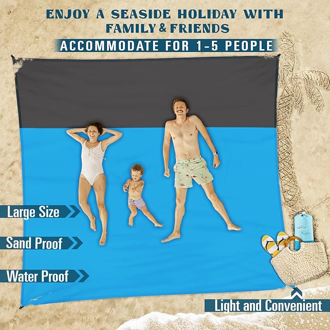 Beach Blanket Sandproof Waterproof 78''×81''1-5 Adults Oversized,Compact Lightweight Durable Beach Mat for Travel Camping Hiking Picnic Blanket