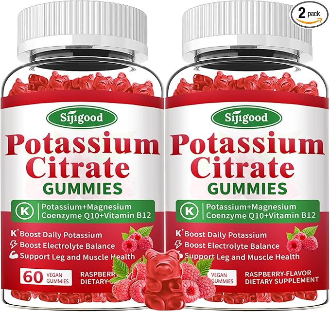2 Pack Potassium Citrate Gummies – Potassium Supplement for Muscle Health, Leg Cramp Relief & Electrolyte Balance, Vegan, Non-GMO, Gluten-Free, Raspberry Flavor, 120 Count