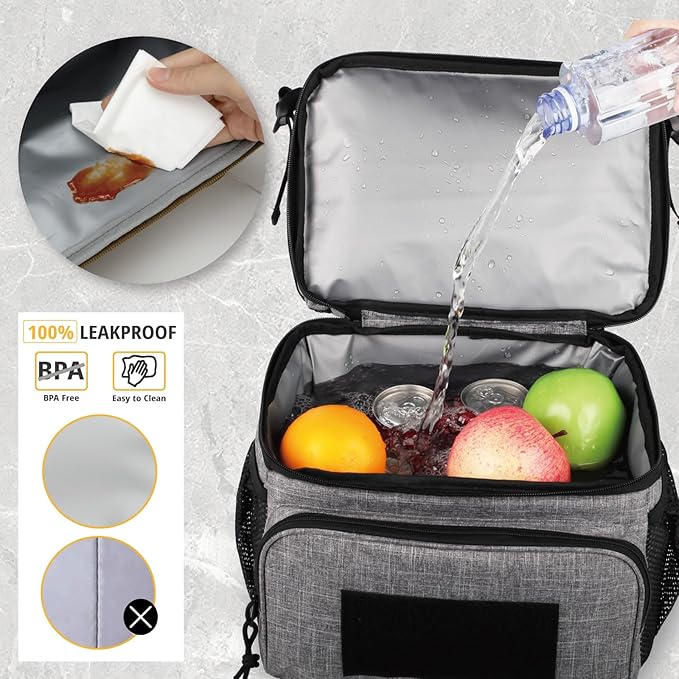 ATRIPACK 2 Compartment Lunch Bag for Men Adult, Tactical Lunch Box Leakproof Insulated Large Cooler Bag for Work with Adjustable Shoulder Strap Flag Double Layer Lunch Pail（Grey）