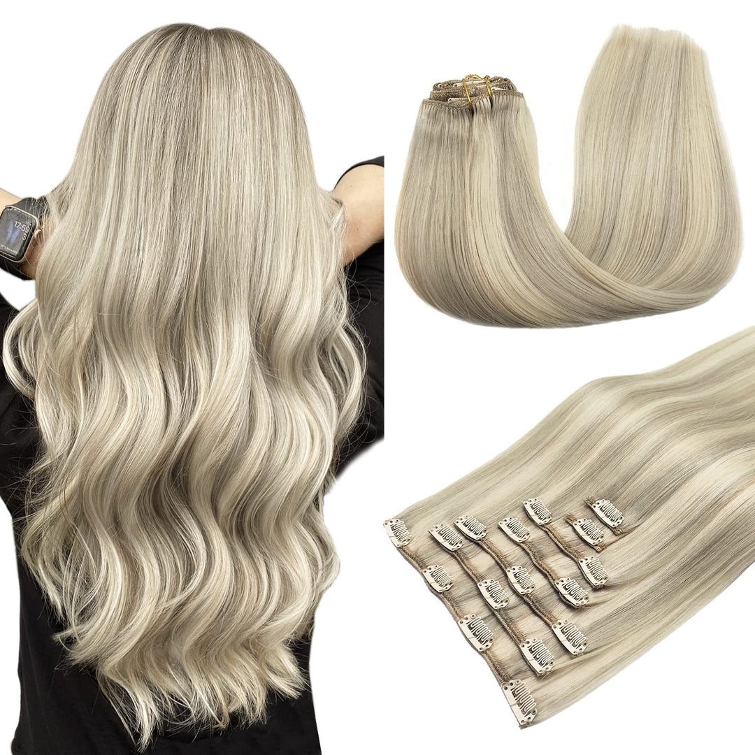 Hair Extensions Real Human Hair Clip In, 120G 7Pcs Ash Blonde Highlighted Platinum Blonde 20 Inch, Maxita Clip In Hair Extension